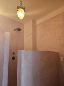 a bathroom with a shower and a chandelier at stijlvol appartement centrum oostende in Ostend