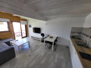 kuchnia i salon z kanapą i stołem w obiekcie Preciosa cabaña w mieście Guía de Isora