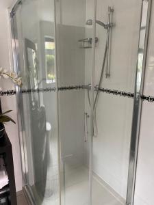 um chuveiro com uma porta de vidro na casa de banho em Hansom House em Hinckley