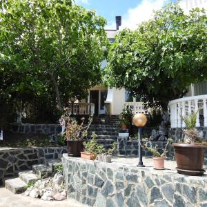 a garden with potted plants on a stone wall at Riviera Beach Hotel in Sozopol