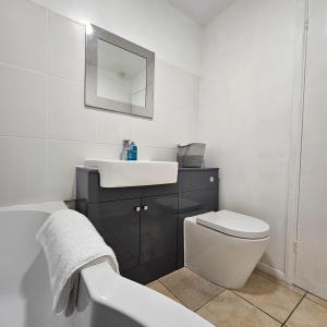a white bathroom with a sink and a toilet at Godricks Hollow House in Watford