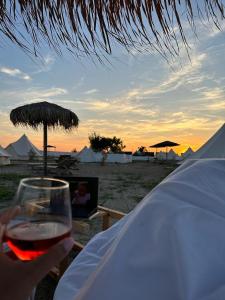 a person holding a glass of wine on the beach at Faleza23 in Olimp