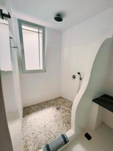 a bathroom with a walk in shower and a window at Sofia's Bungalows Mykonos in Mikonos