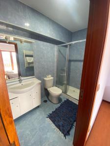 a bathroom with a toilet and a sink and a shower at Casa do Paradela in São Pedro +24 photos