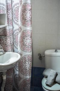 Un baño con inodoro y cortina de ducha. en Petralia's Guest House, en Skiathos