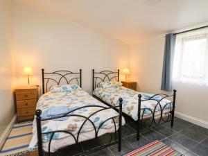 two twin beds in a room with a window at Yr Hen Ysgubor in Carmarthen