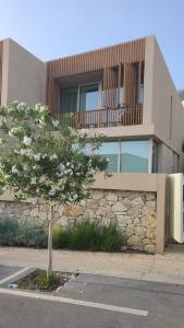 a building with a tree in front of it at Green Gem Villas Palase 82A in Green Coast in Dhërmi