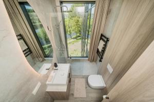 a bathroom with a toilet and a sink and a mirror at Kaunorama Riverside Suite in Kaunas