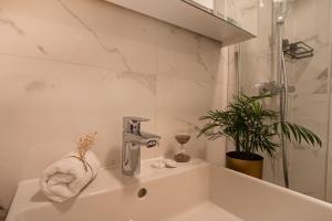 een wastafel in de badkamer met een kraan en een plant bij Apartments and More in Zagreb