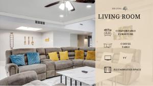 a living room with a couch and a table at Luxurious 5BR 2BA Holiday Home with Pool, Grill, Sauna & Game Room in The Colony
