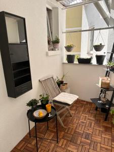 eine Terrasse mit einem Stuhl, Tischen und Topfpflanzen in der Unterkunft Interior Apartments in Kassel Bad Wilhelmshöhe in Kassel