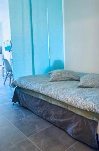 uma cama num quarto com uma parede azul em Studio Jardin Fleuris Parking em Nice