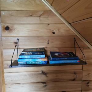 a stack of books sitting on a shelf at Dream Forest Cabin in Warsaw