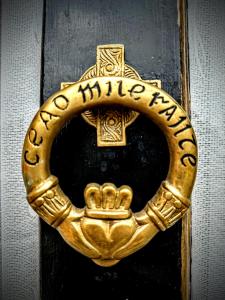 een gouden deurklopper op een zwarte deur bij Clone Country House in Aughrim