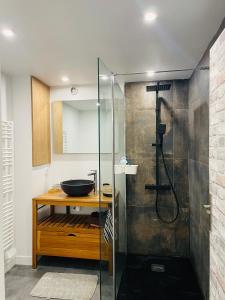 a bathroom with a glass shower with a sink at Au cœur des Bois in Amboise