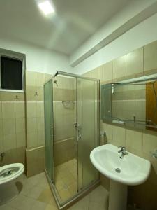 a bathroom with a sink and a shower and a toilet at Olive Tree Apartment in Sarandë