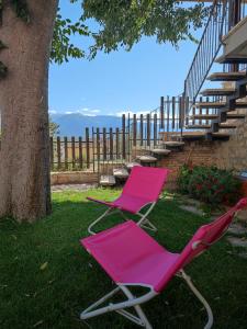 einen rosa Stuhl im Gras neben einem Baum in der Unterkunft Il Bagolaro Casa Vacanze in Sulmona