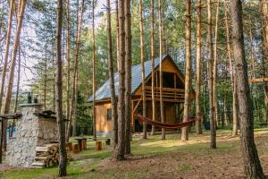 a log cabin in the woods with a hammock at Lesna Kryjowka Roztocze in Rybnica