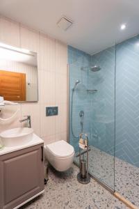a bathroom with a toilet and a glass shower at TERRA GAİA Hotel in Gokceada Town