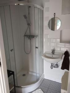 a bathroom with a shower and a sink at Stara Stajnia Moszyce - Apartament w Dolinie Baryczy in Twardogóra