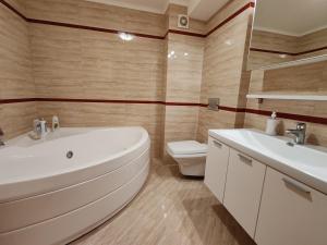 a bathroom with a tub and a sink and a toilet at Квартира с прекрасным видом на море in Donji Stoliv