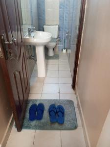 a bathroom with a sink and two blue shoes on a rug at Gloria House in Nairobi