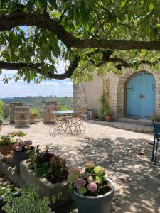 patio z niebieskimi drzwiami i roślinami w obiekcie Gîtes dans un mas en pierres au coeur d'un domaine viticole du Pic Saint-Loup w mieście Corconne