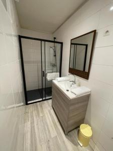 La salle de bains est pourvue d'un lavabo, d'un miroir et d'une douche. dans l'établissement Apart'Hôtel Les 4 Sources, à Anduze