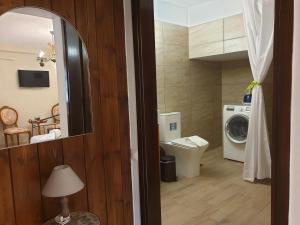a bathroom with a washing machine and a washer at Geomelia Guest Studio 1 & Geomelia Guest Studio 2 in Poligiros