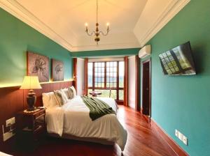 ペドラ・アズールにあるAroso Paço Hotelの緑の壁のベッドルーム1室(ベッド1台、シャンデリア付)