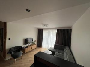 a living room with a couch and a television at Apartament Amelium Darmowy podziemny parking in Suwałki