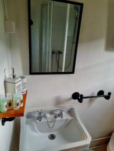 a sink in a bathroom with a mirror at Casa Ferreira-Talasnal in Talasnal