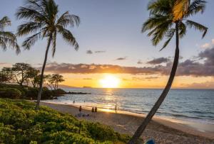 uma praia com palmeiras e o oceano ao pôr do sol em Beach Paradise on a Budget: Charming Maui Studio Condo Just Steps from the Beach! em Kihei