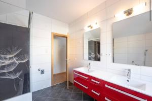 Sankt Andrä im LungauにあるHaus Holzer Panoramaのバスルーム(赤い洗面台、鏡付)