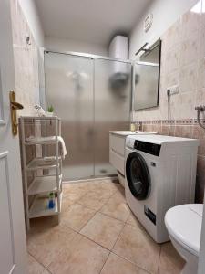 Villa Hosta Apartments في هفار: وجود غسالة في الحمام مع دش