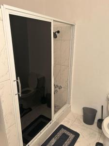 a bathroom with a toilet and a shower with a glass door at Jamaica Villa By The Sea in St Mary