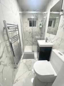 a bathroom with a shower and a toilet and a sink at THE ROYAL BOUTIQUE WESTMINSTER LODGE by LONDON SLEEP 10 in Hayes