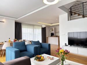 a living room with two blue chairs and a television at Poljine Hills in Poljine