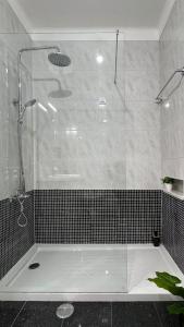 a shower with a glass door in a bathroom at Sunny 4 Bedroom Apartment - with View in Coimbra