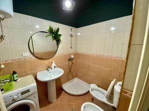 a bathroom with a sink and a toilet and a mirror at Delight Apartments in Golem +32 photos