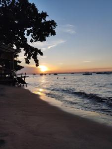 a beach with a bench and the ocean at sunset at Pousada Ponta da Baleia in Barra Grande