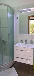 a bathroom with a sink and a shower and a mirror at Blanka Apartment in Orebić