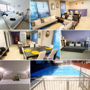 a collage of photos of a living room and a pool at Le Palace climatisé au centre-ville - Piscine - Proximité Plage et Espagne in Perpignan