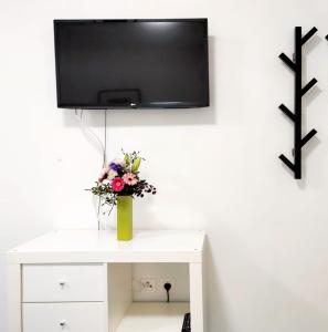un televisor en una pared blanca con un jarrón de flores en Rafael Apartments, en Medulin