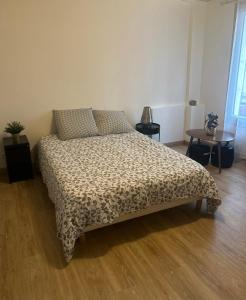 een slaapkamer met een bed met een sprei erop bij STUDIO GARE MONTPARNASSE in Parijs