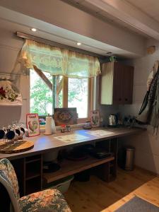 einen Schreibtisch in einer Küche mit Fenster in der Unterkunft Pod Magnolią in Targanice