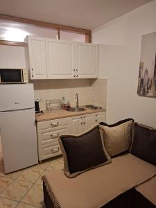 a kitchen with a couch and a white refrigerator at Apartman Muric in Rafailovici