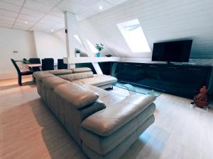 a living room with a couch and a flat screen tv at Blumental apartment, garden, AC in Bratislava