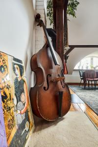 eine Geige auf einem Teppich neben einem Gemälde in der Unterkunft Cesar Apartment in Breslau