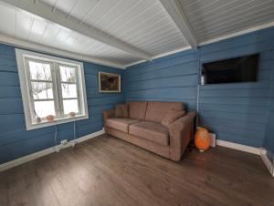 Cabin magic on Senja, atmosphere like a fairytale في Botnhamn: غرفة معيشة مع جدران زرقاء وأريكة